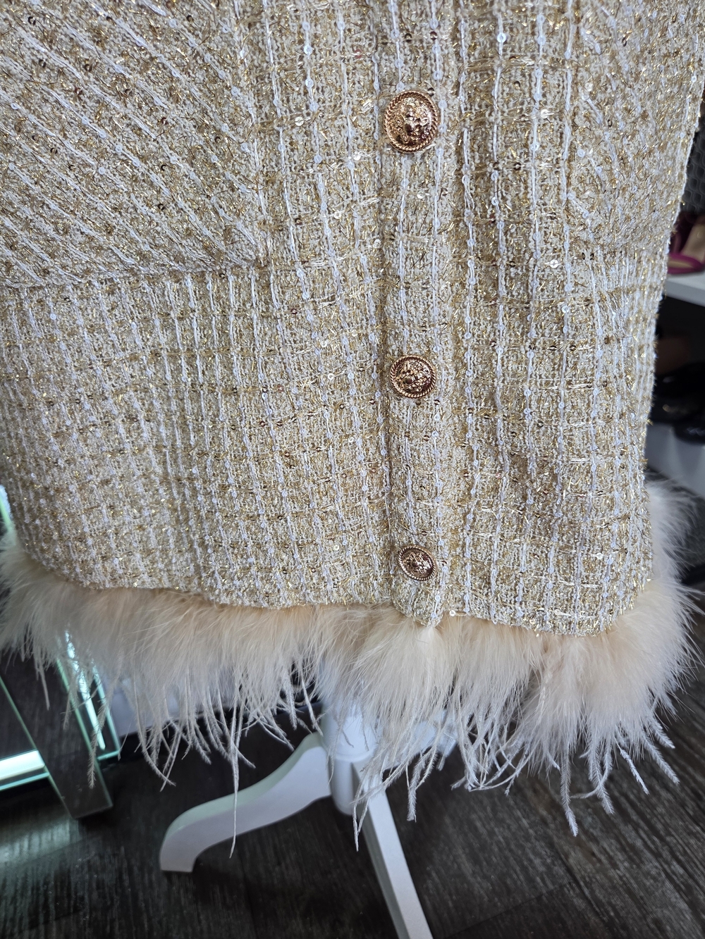 Anthropologie Gold Tweed Mini Dress with Feather Trim - Picture 6 of 8
